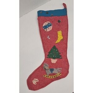 Vintage Handmade Felt Sequin Christmas Stocking 1950s MCM Rocking horse Tree